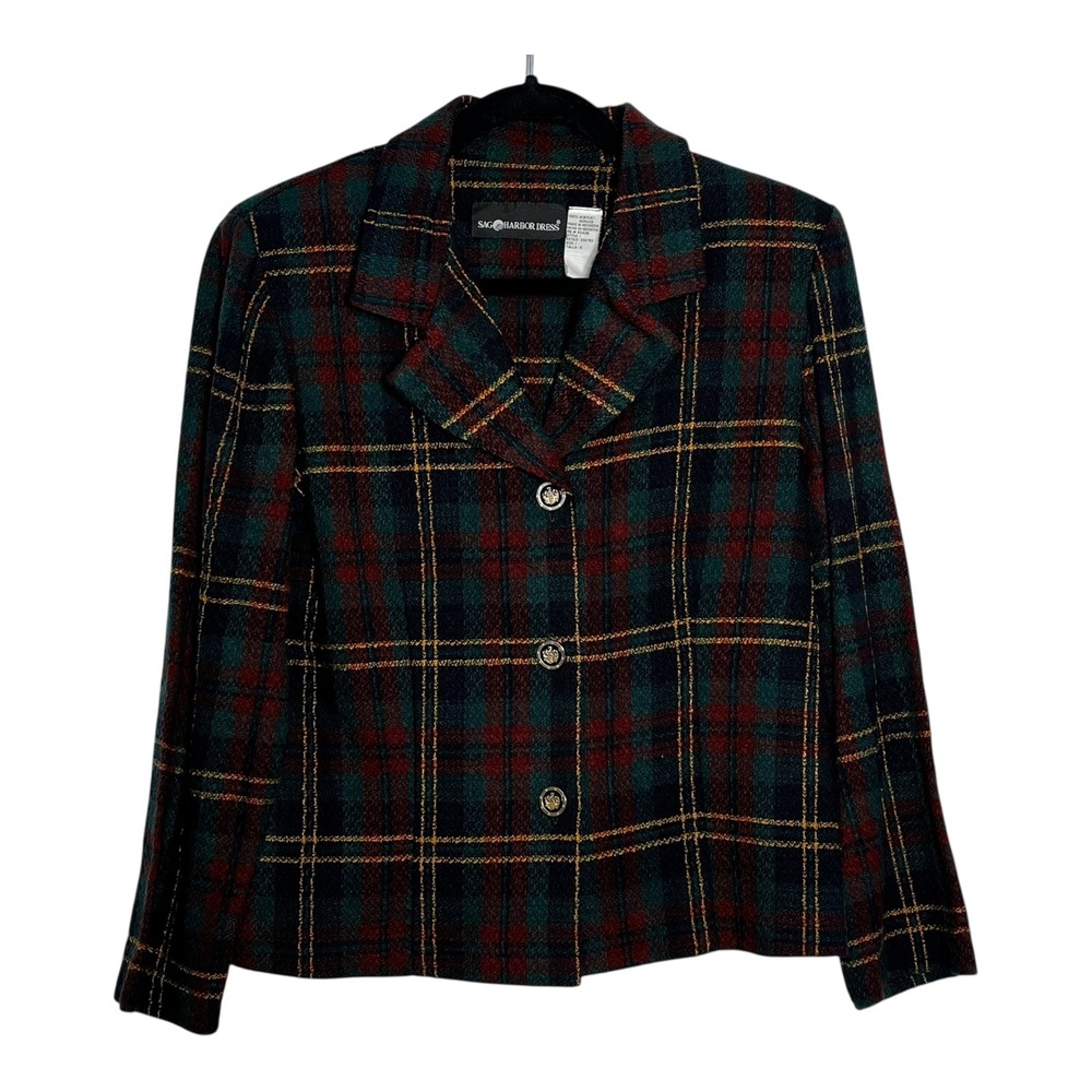 Sag Harbor Dress‎ Plaid Blazer Jacket Button Front Green Red Gold Women's Size 8